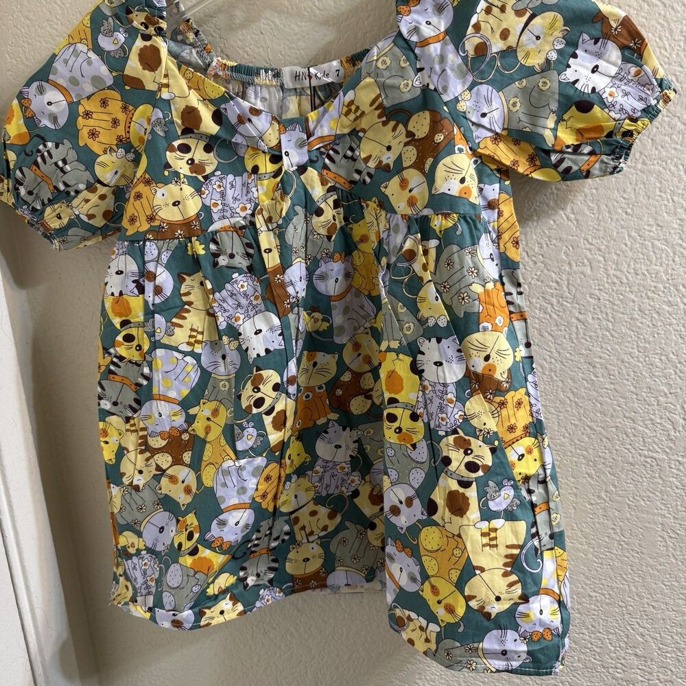 HN Girl's Multicolored dress with Kittens Cats, Kitty Cats Size 7 Whimsical Bold